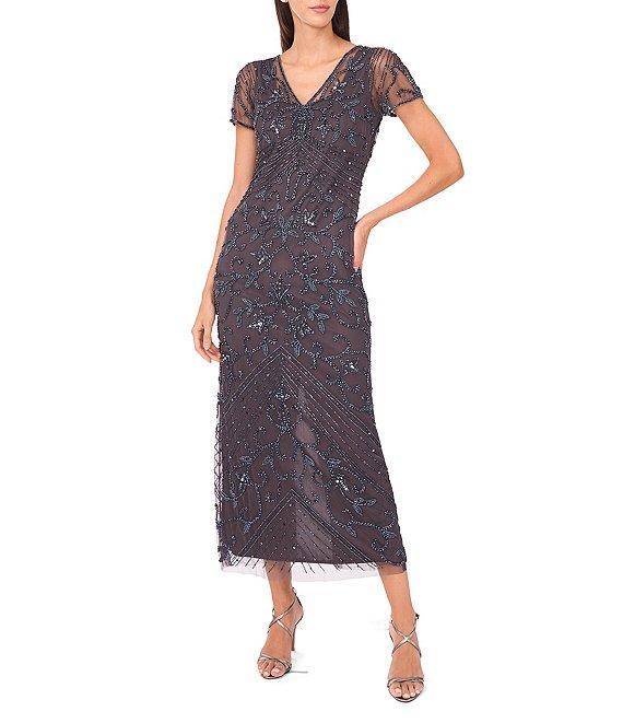 Pisarro Nights V-Neck Short Sheer Sleeve Back Slit Beaded Sheath Dress Product Image
