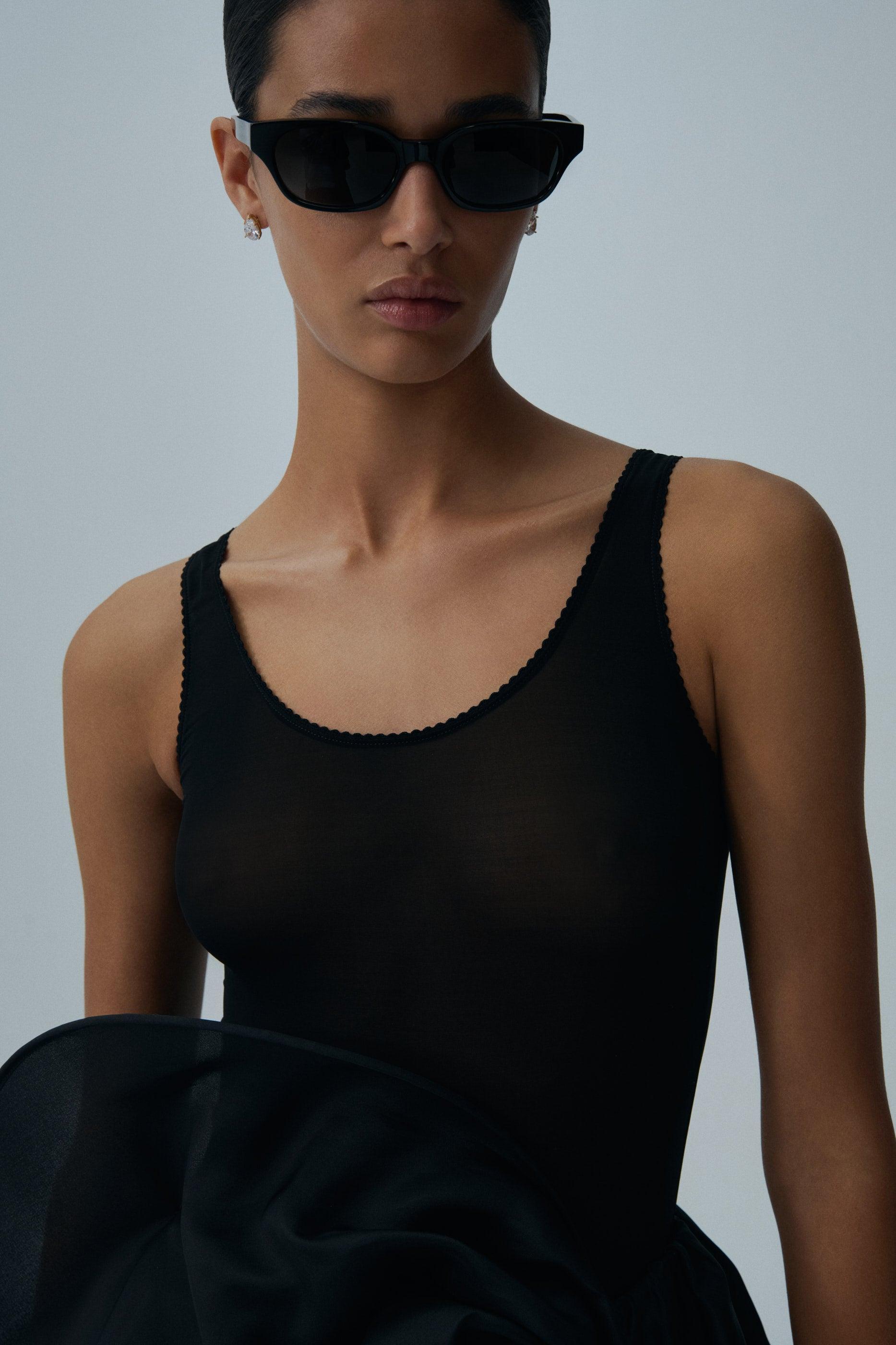 Mesh scalloped bodysuit in black Product Image