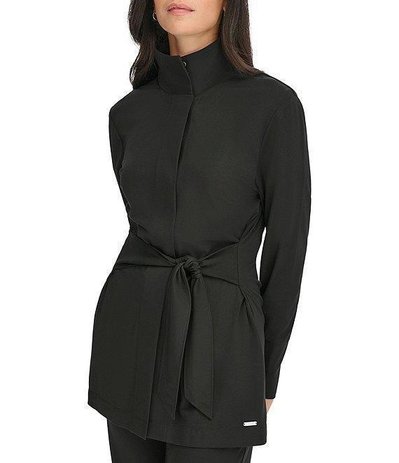 Calvin Klein Solid Point Collar Long Sleeves Tie Belt Snap Front Jacket Product Image