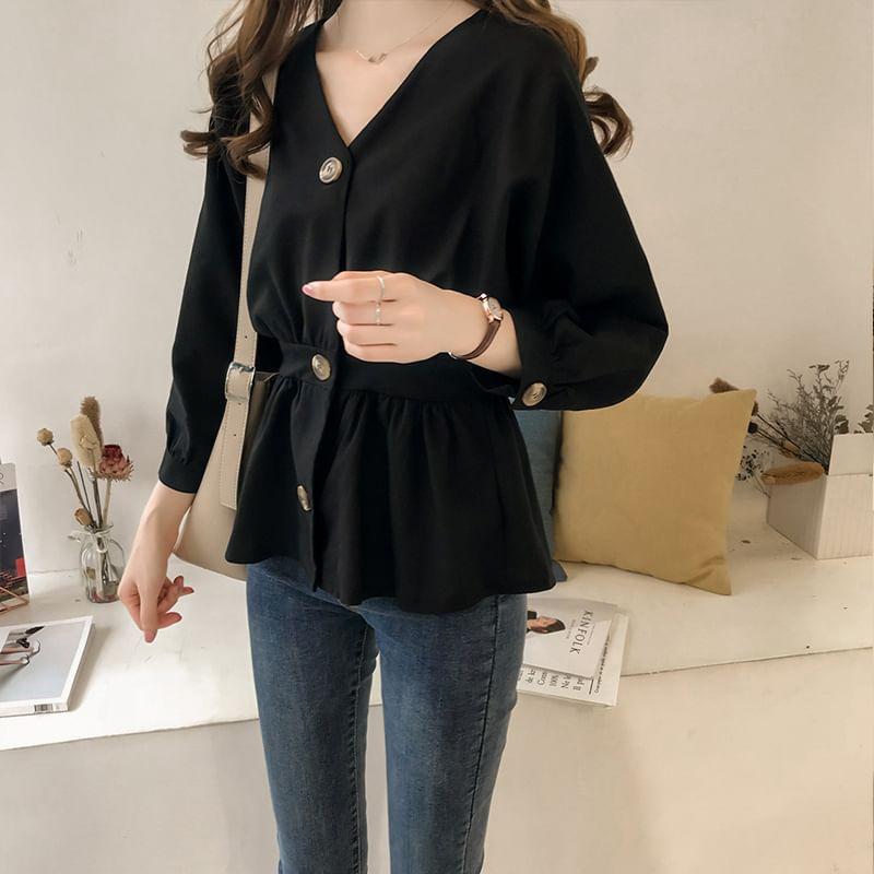 Long Sleeve V-Neck Button Up Shirt Product Image