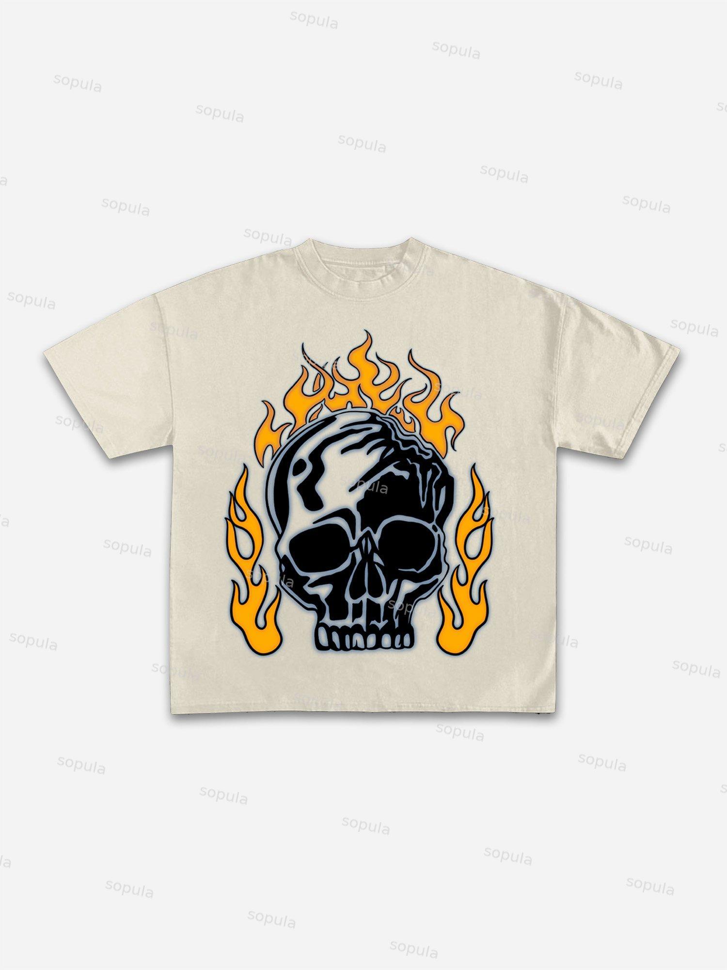 Men's Flaming Skull Graphic Cotton T-shirt Product Image