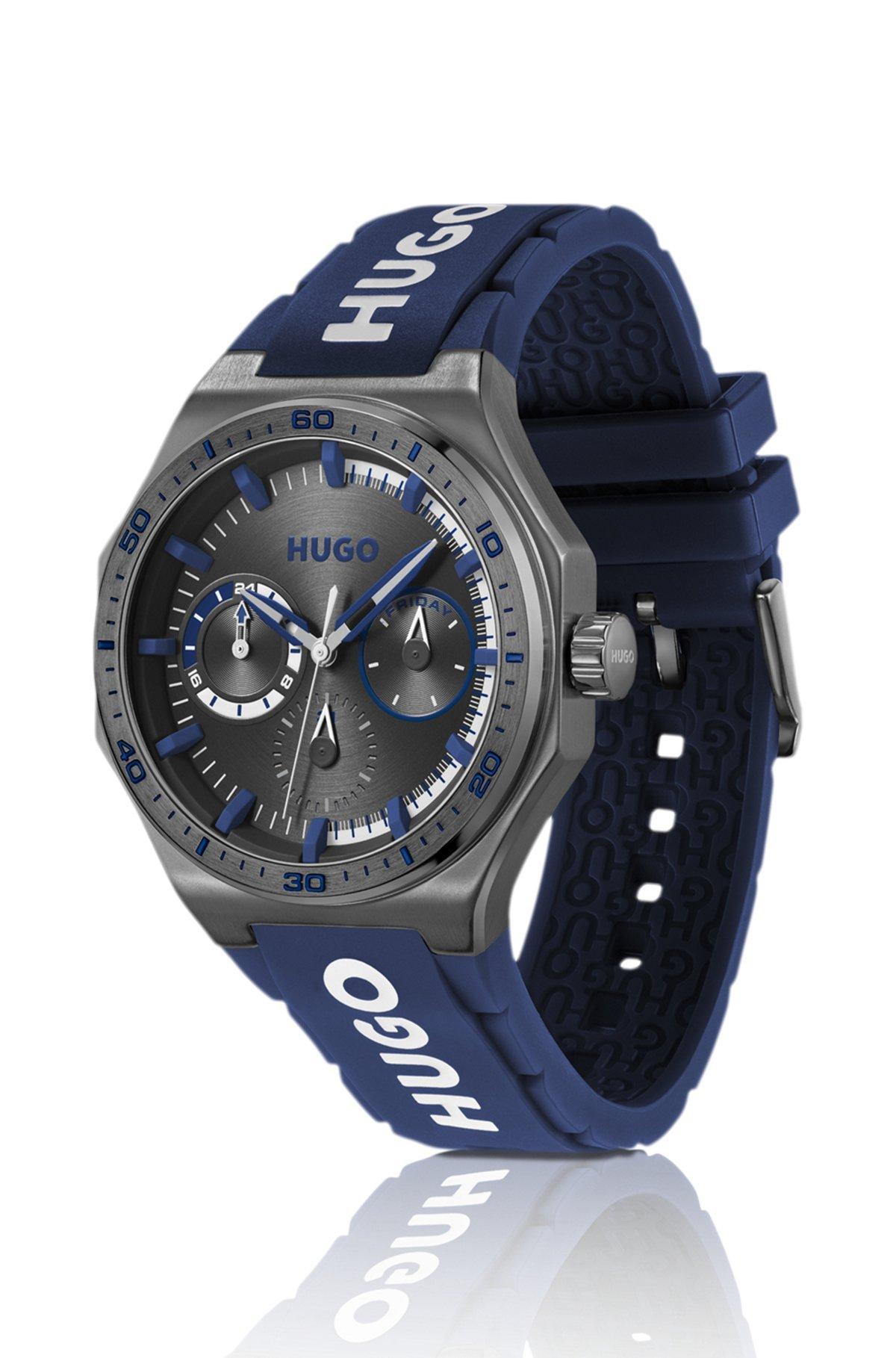 HUGO - Gray-plated watch with silicone logo strap Product Image