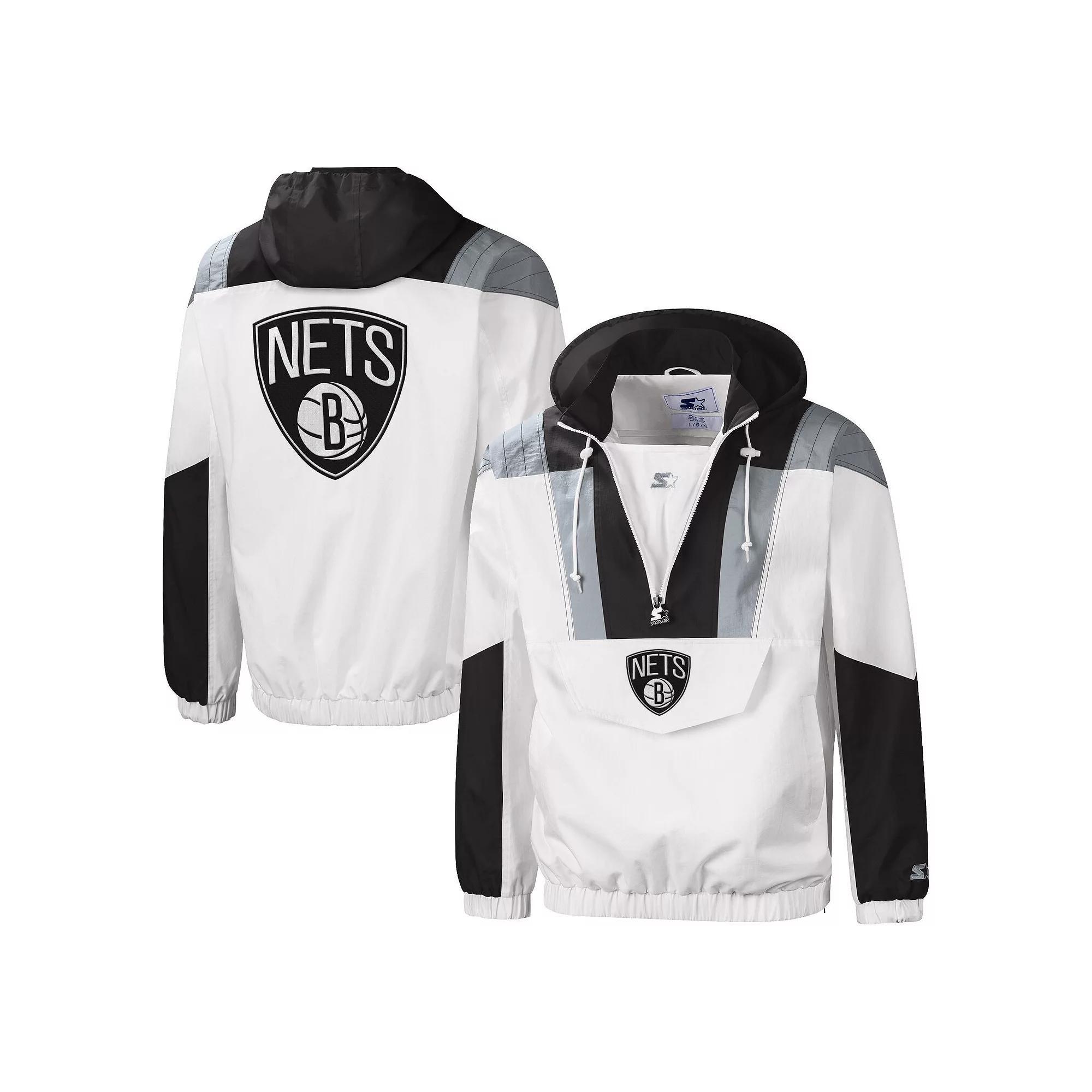 Men's Starter White Brooklyn Nets Striker Crinkle Half-Zip Hoodie Jacket,  Product Image