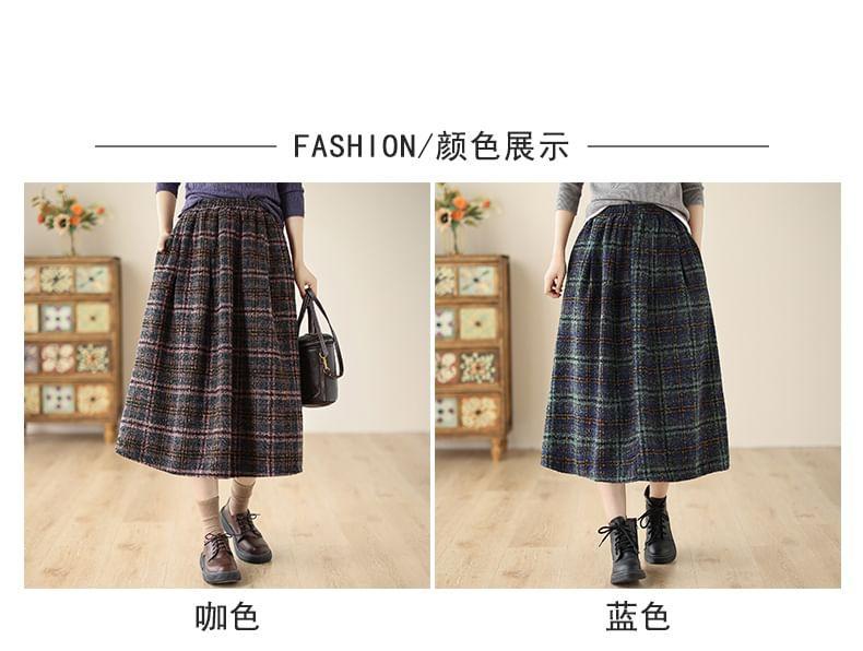 High Waist Plaid Midi A-Line Skirt Product Image