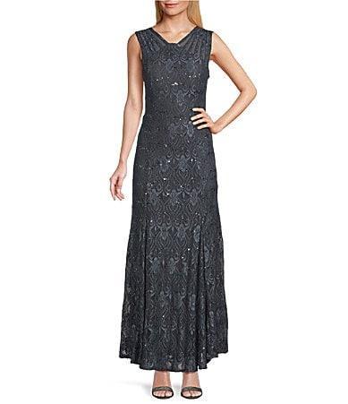 R  M Richards Petite Size Sleeveless Lace Round Neck Fit and Flare Dress Product Image