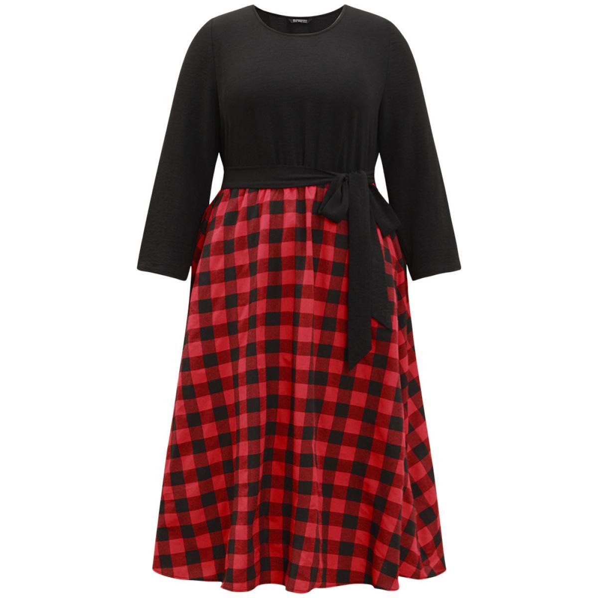 Plus Size Plaid Patchwork Contrast Round Neck Belted Dress Black Women Casual Belted Round Neck Long Sleeve Curvy Midi Dress BloomChic 28/5X Product Image