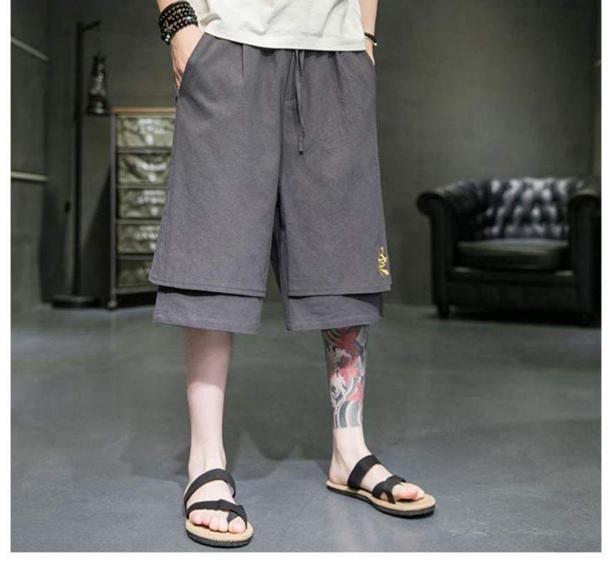 Drawstring Waist Embroidered Panel Shorts Product Image