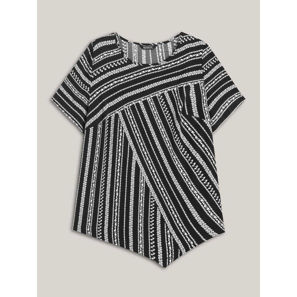 Plus Size Black Striped Overlap Print Curvy Hem Blouse Women Resort Short sleeve Round Neck Vacation Blouses BloomChic 14-16/1X Product Image