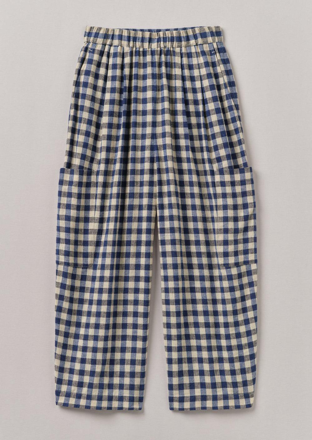 Gingham Linen Cotton Patch Pocket Pants | Denim Blue Product Image