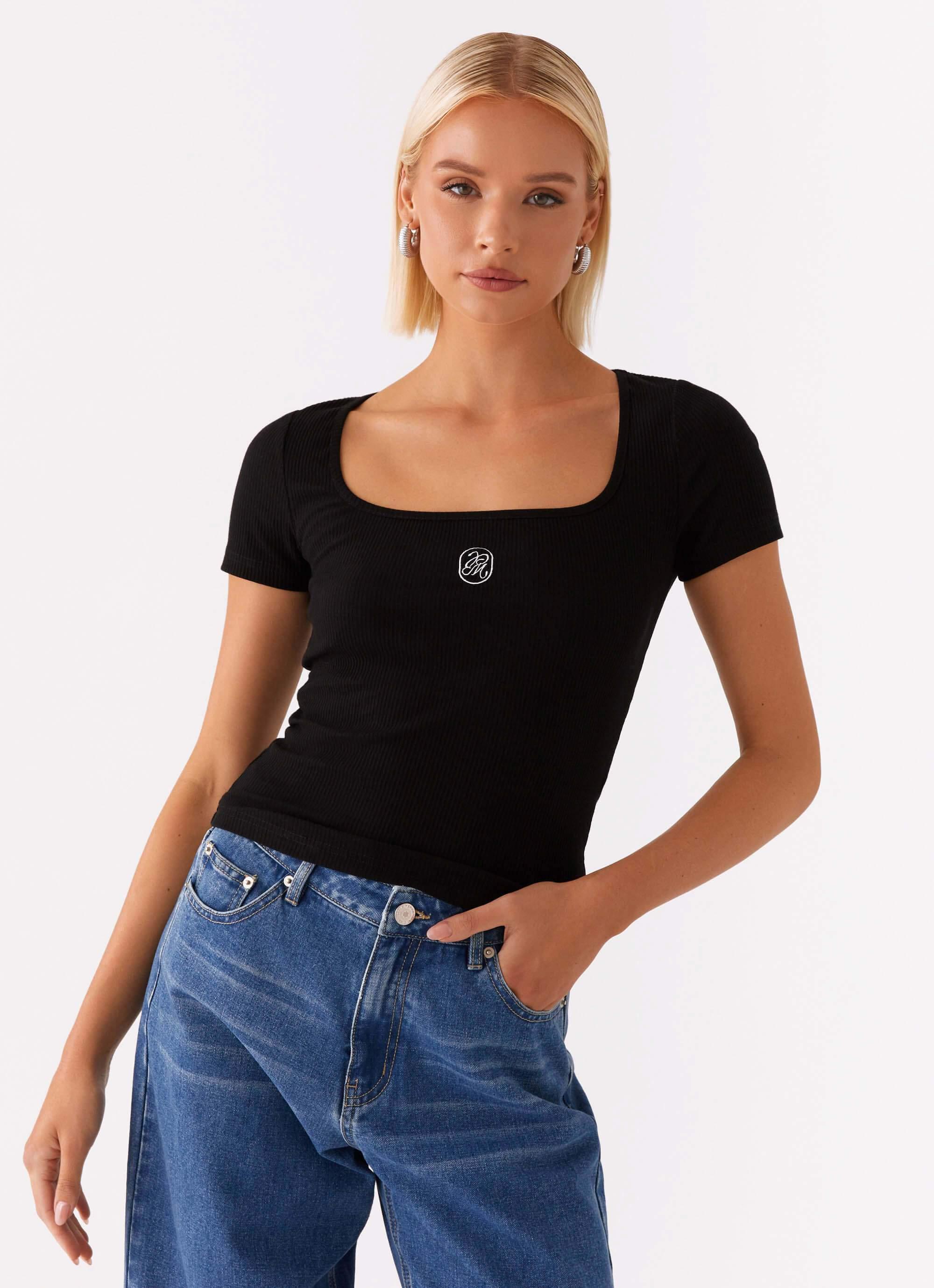 Signature Monogram Square Neck Top - Black Product Image