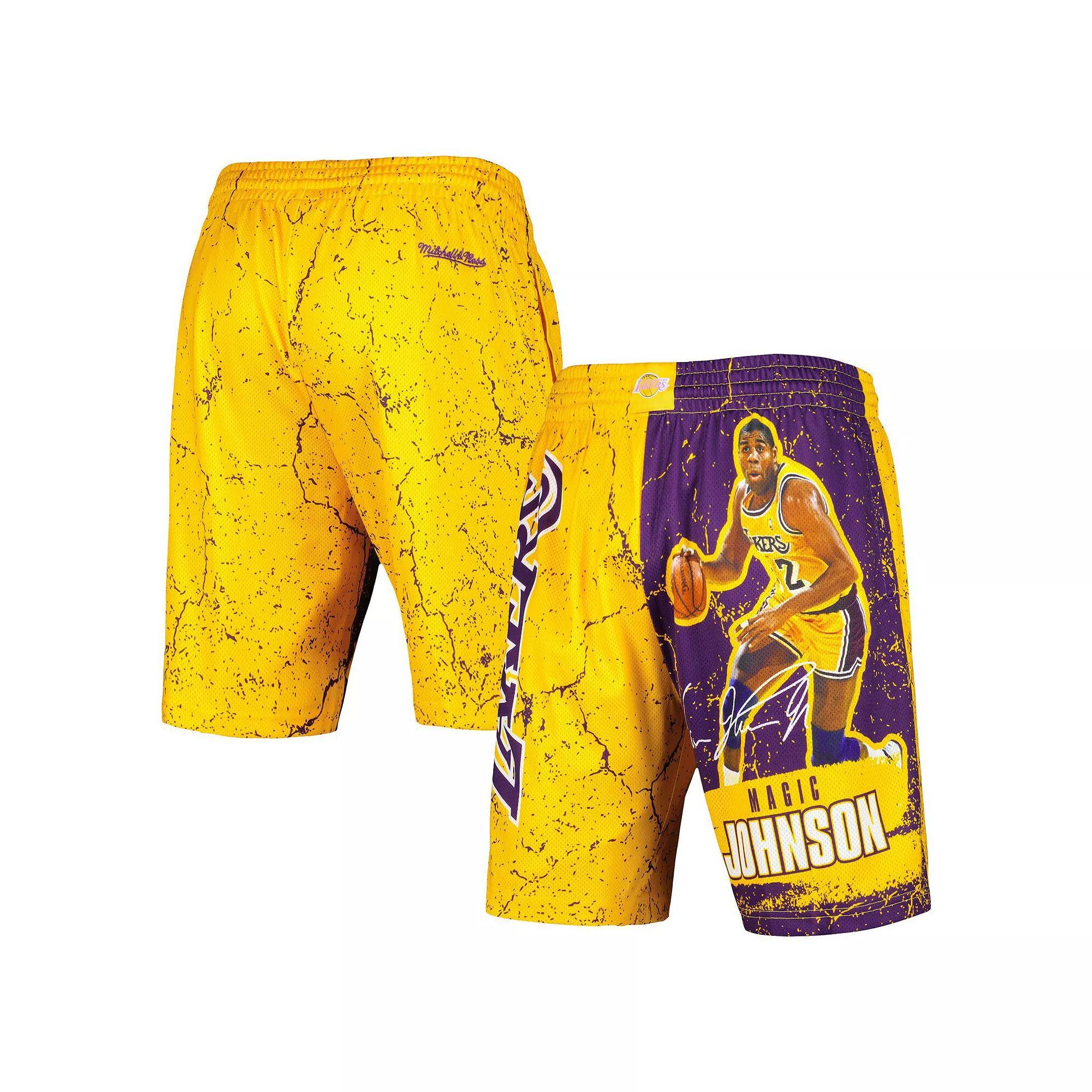 Men's Mitchell & Ness Magic Johnson Gold Los Angeles Lakers Hardwood Classics Player Burst Shorts, Size: Medium Product Image