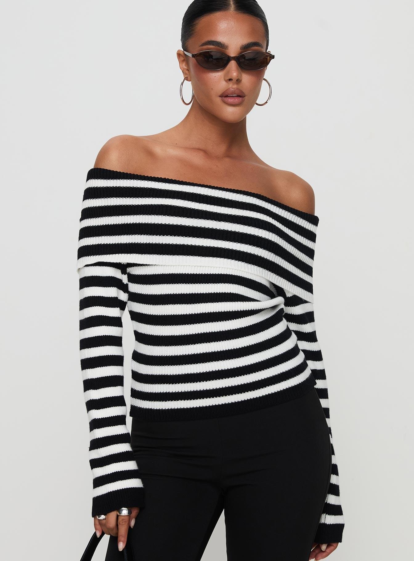 Danyel Off The Shoulder Sweater Black / White Stripe Product Image