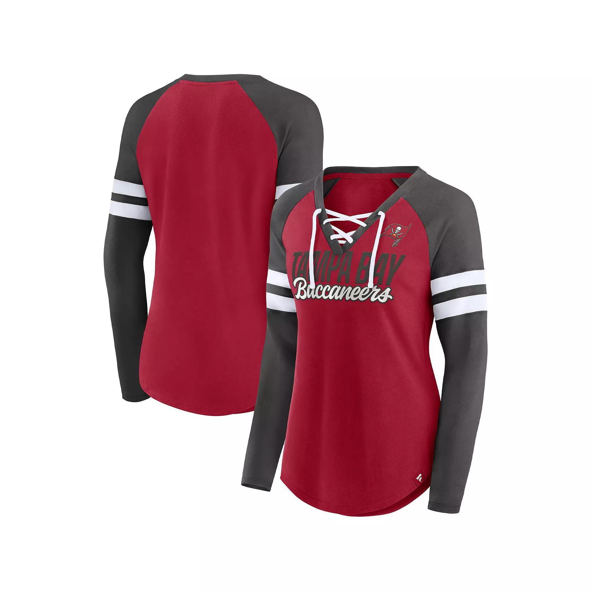 Women's Fanatics Branded Red/Pewter Tampa Bay Buccaneers True to Form Raglan Lace-Up V-Neck Long Sleeve T-Shirt, Size: 3XL Product Image