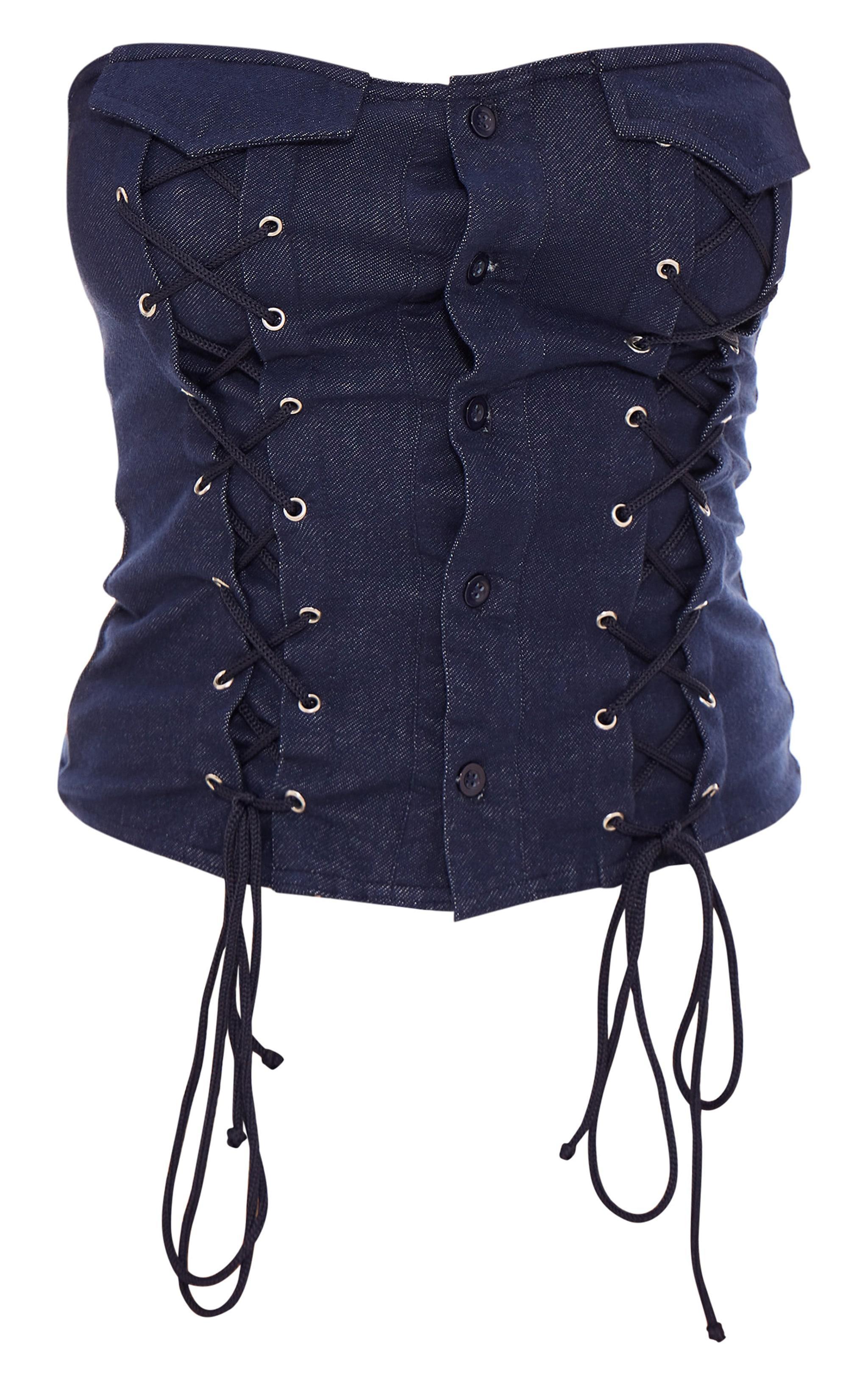 Blue Denim Look Lace Up Bandeau Top Product Image