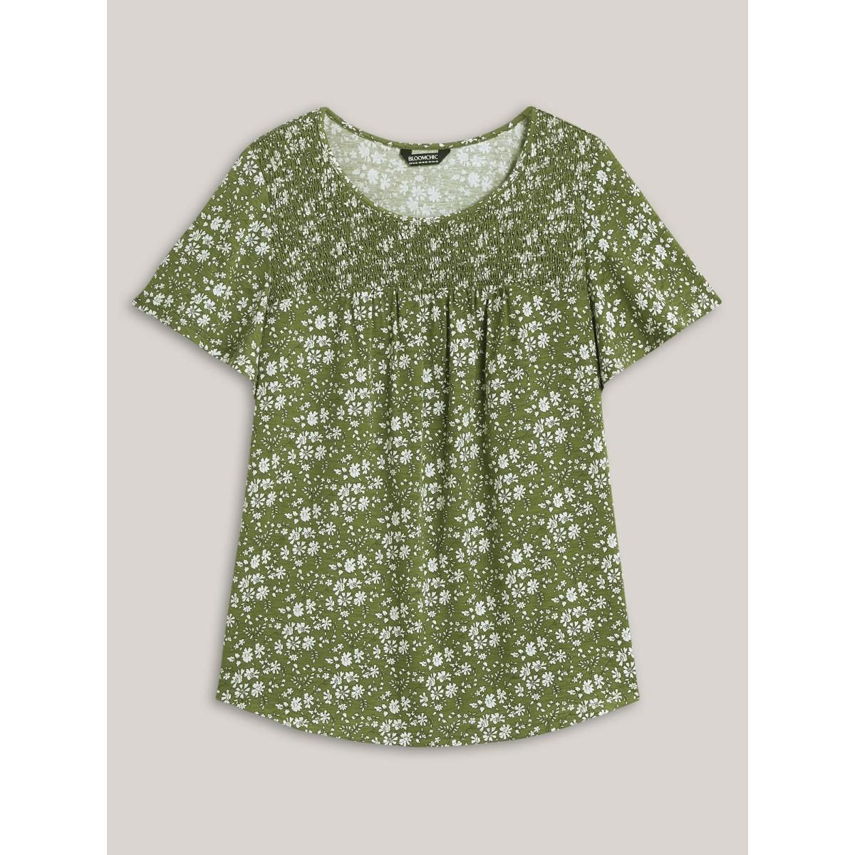 Plus Size Floral Print Shirred Neck T-Shirt Moss Women Gathered Round Neck Everyday-Casual T-shirts BloomChic 22-24/3X Product Image