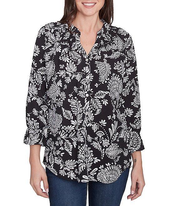 Ruby Rd. Woven Floral Mandarin Collar 3/4 Sleeve Button-Front Top Product Image