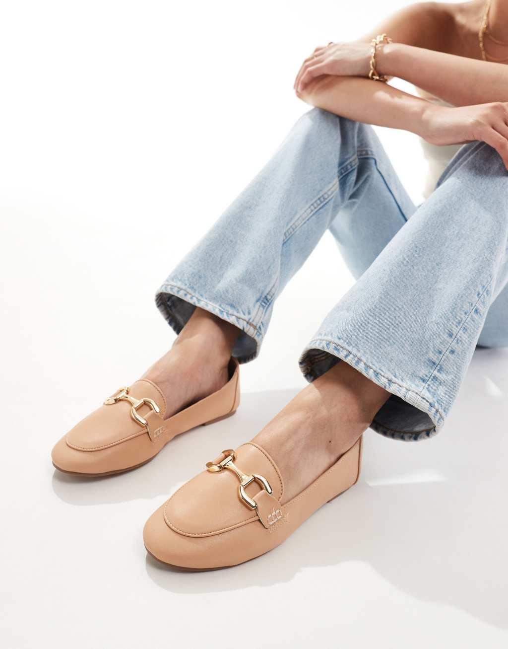 London Rebel wide fit snaffle trim pointed flat shoes in camel Product Image