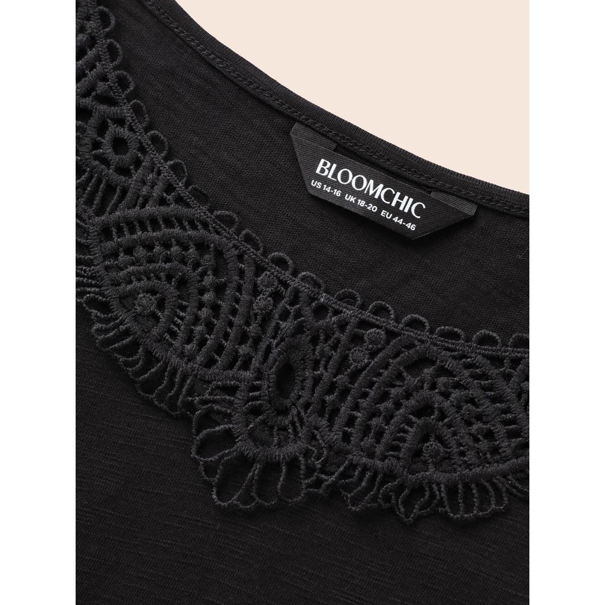 Plus Size Crew Neck Stretch Lace Patchwork T-shirt Black Women Elegant Patchwork Non Everyday T-shirts BloomChic 12/L Product Image