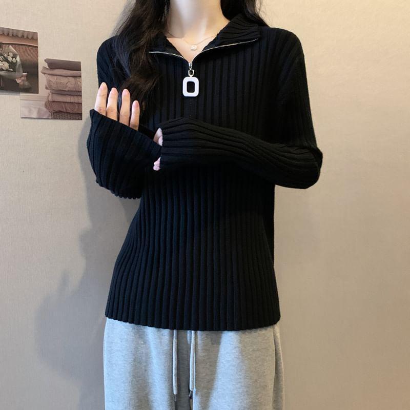 Long-Sleeve Collar Plain Half-Zip Ribbed Knit Top Product Image