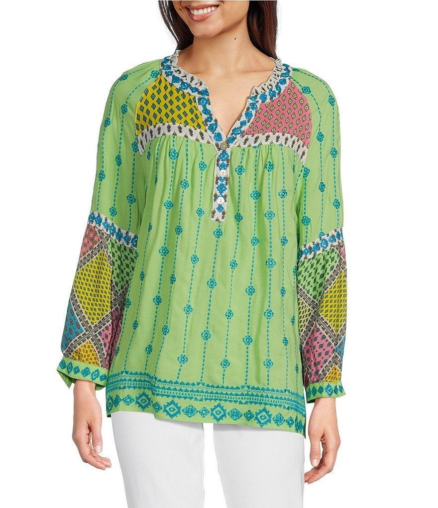 John Mark V-neck Long Sleeve Woven Multi Patchwork Tunic Product Image