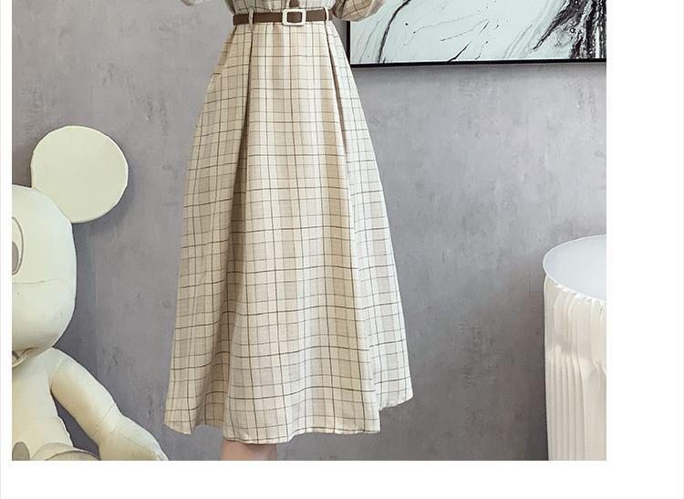 Long-Sleeve Collared Plaid Midi A-Line Dress Product Image