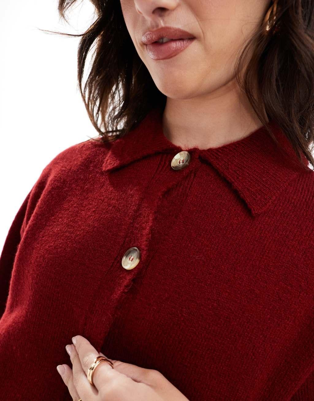 ASOS DESIGN knit shirt collar short sleeve cardigan in burgundy Product Image