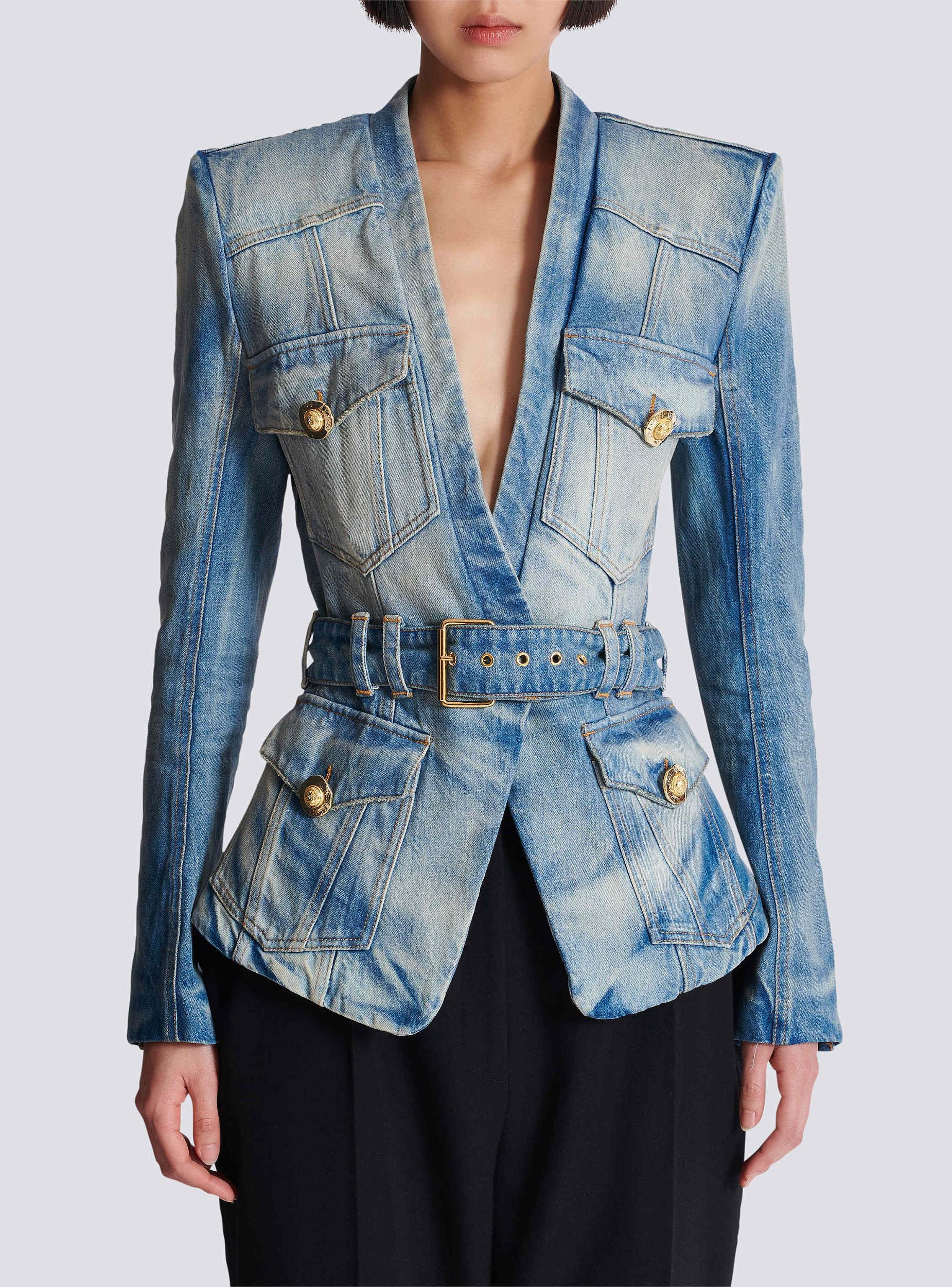 1-button belted denim jacket Product Image