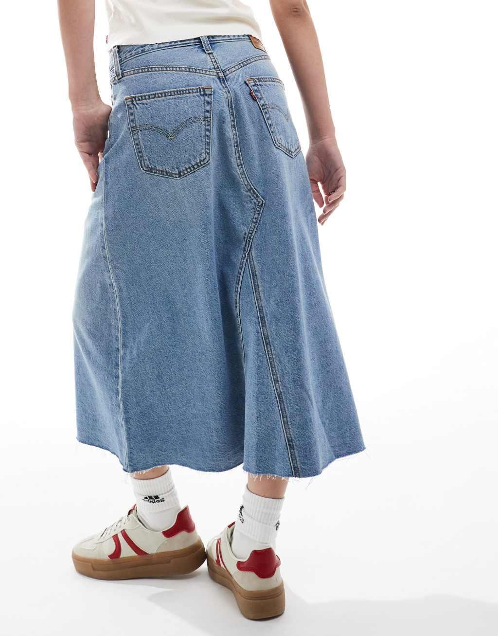 Levi's high rise a-line deconstructed long denim skirt in mid blue Product Image