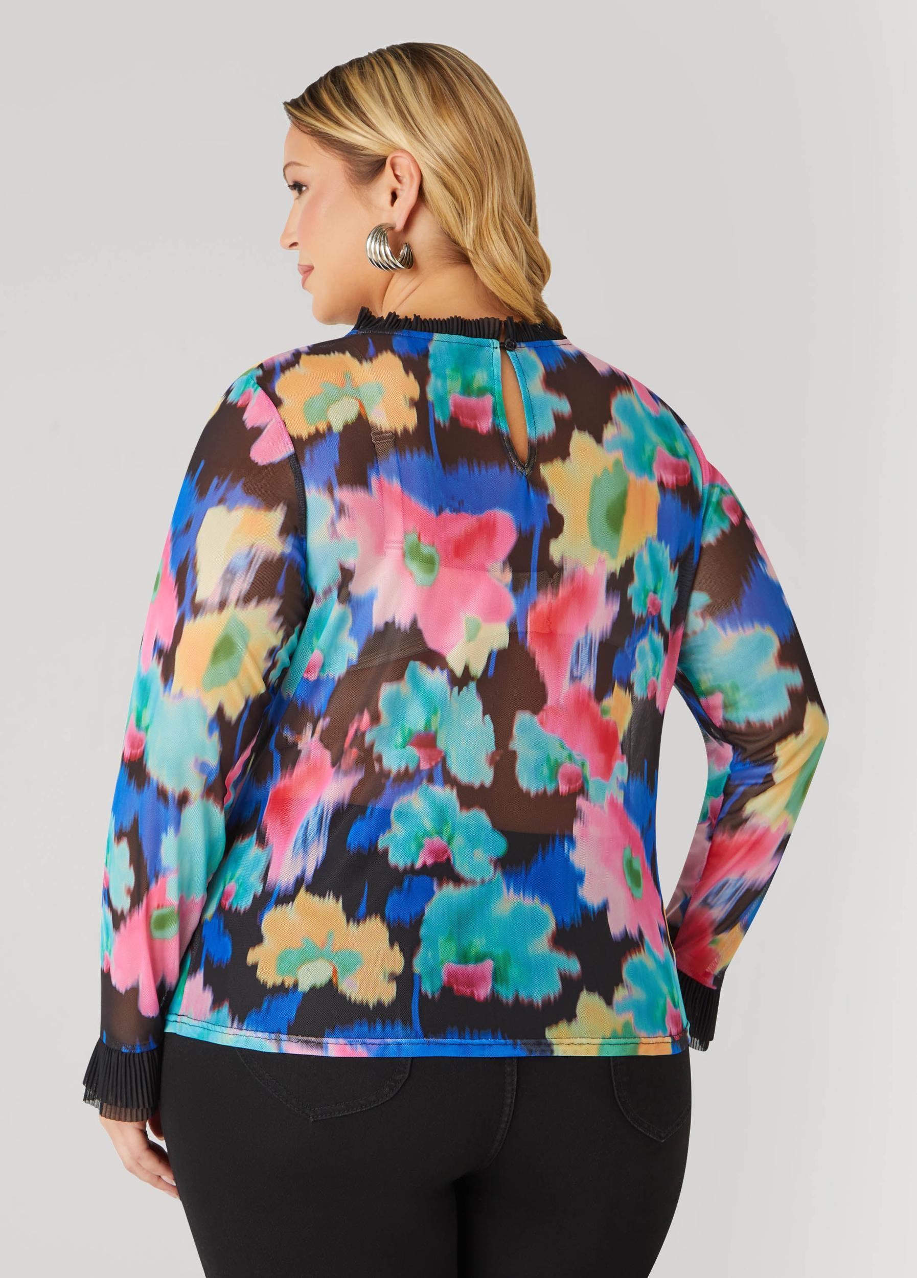 Plus Size Ruffle Trimmed Printed Mesh Top Ashley Stewart Product Image