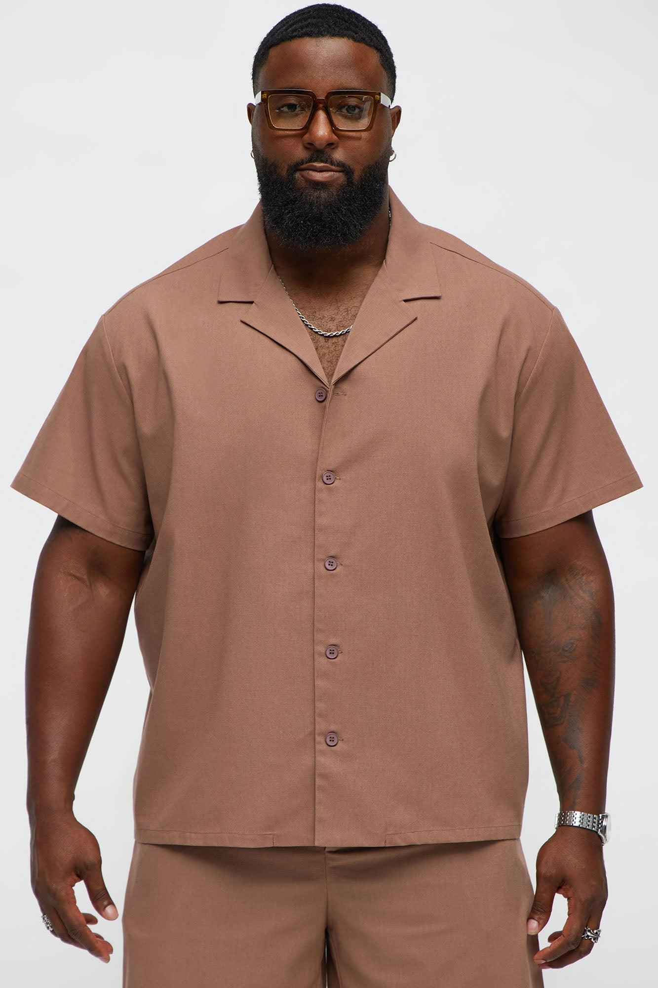 Chai Linen Like Cuban Collar Button Up Shirt - Brown Male Product Image