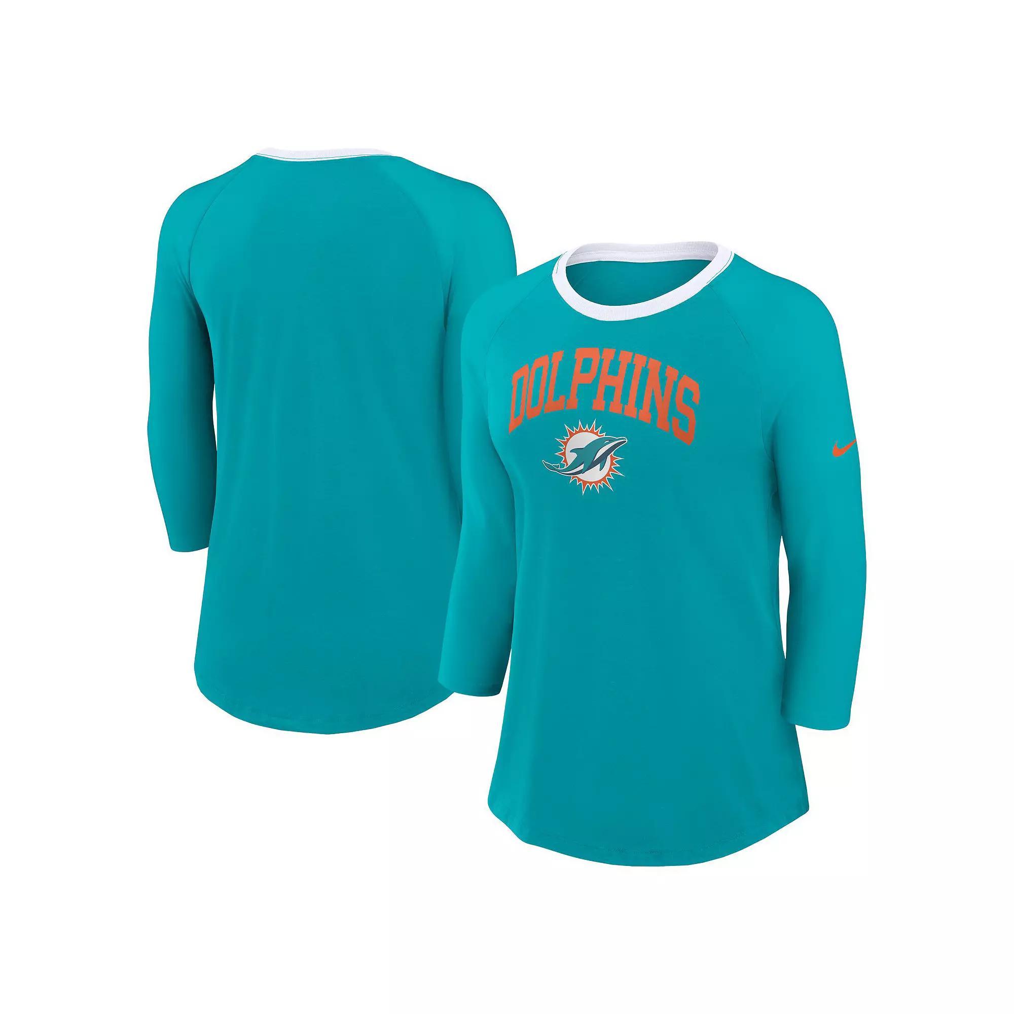 Women's Nike Aqua Miami Dolphins Raglan 3/4 Sleeve T-Shirt, Size: Large, Turquoise A Product Image