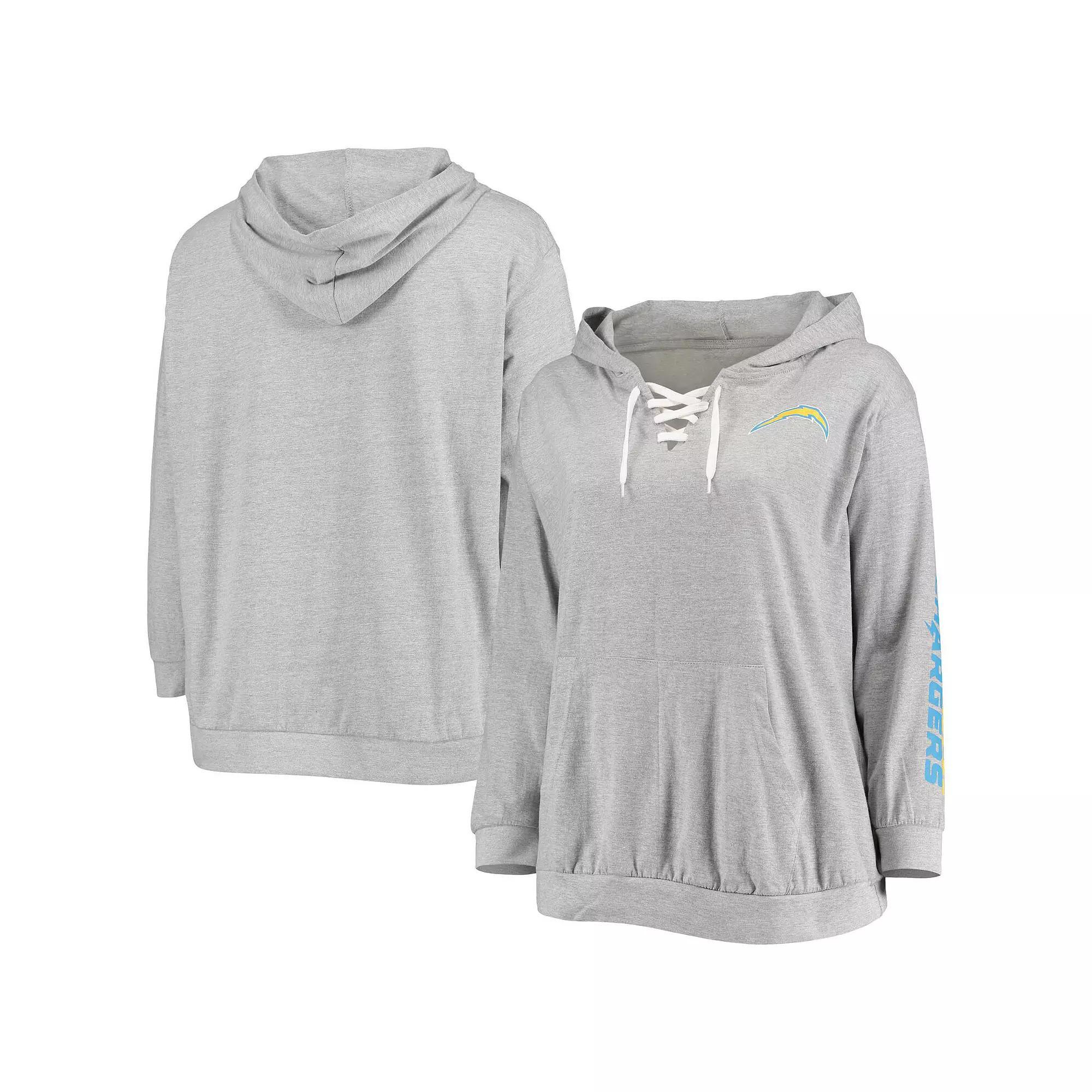 Women's Fanatics Branded Heathered Gray Los Angeles Chargers Plus Size Lace-Up Pullover Hoodie, Size: 4XL, Grey Product Image