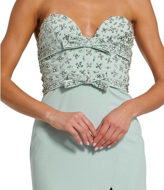Mac Duggal Sweetheart Strapless Rhinestone Trim Bow Front Crepe Column Gown Product Image