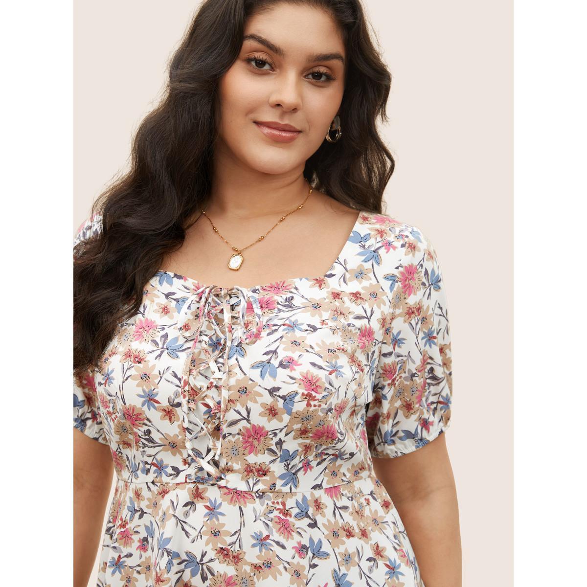 Plus Size White Floral Lace Up Gathered Lantern Sleeve Blouse Women Elegant Short sleeve Square Neck Everyday Blouses BloomChic 12/L Product Image