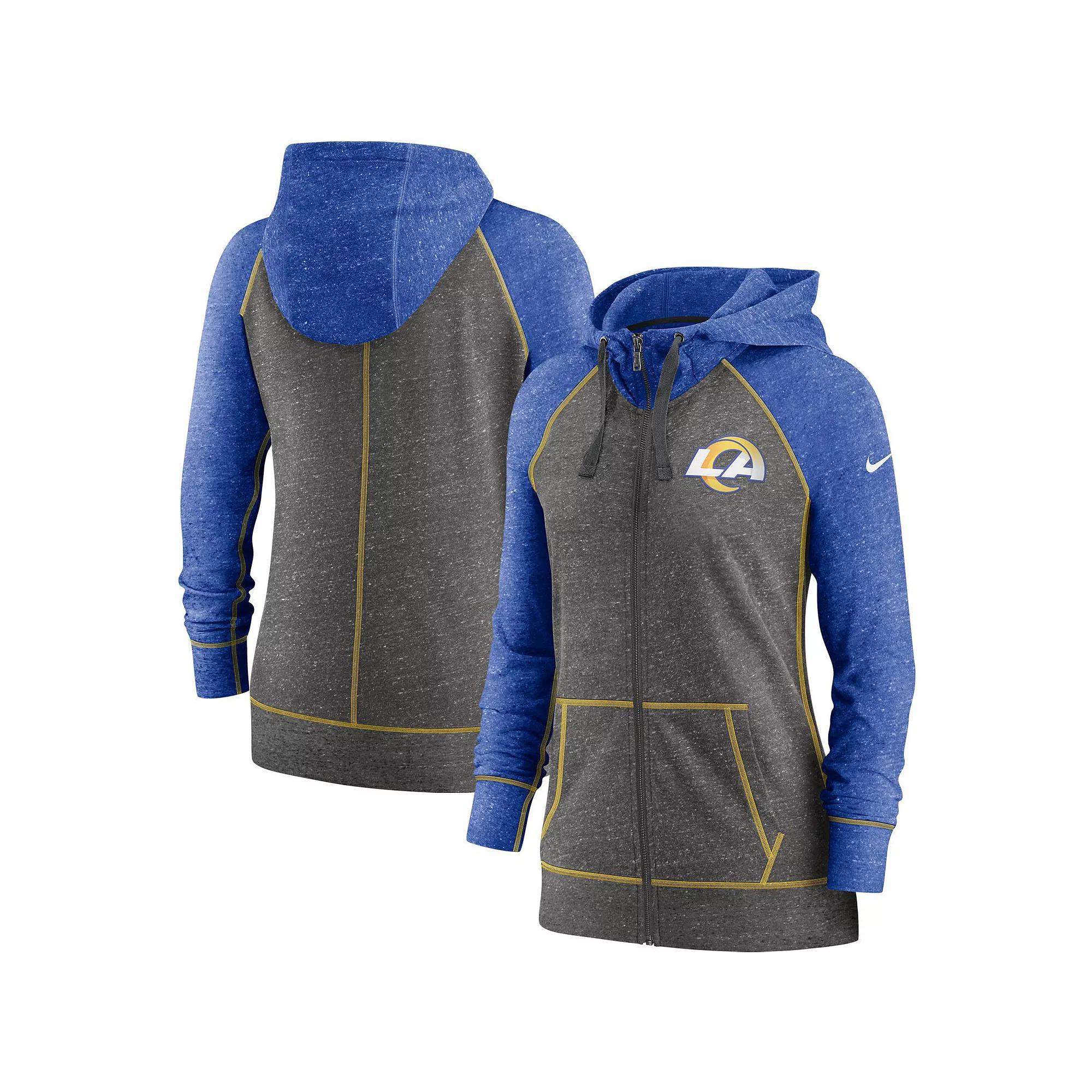 Women's Nike Heathered Charcoal/Royal Los Angeles Rams Gym Vintage Raglan Full-Zip Hoodie, Size: XL Product Image