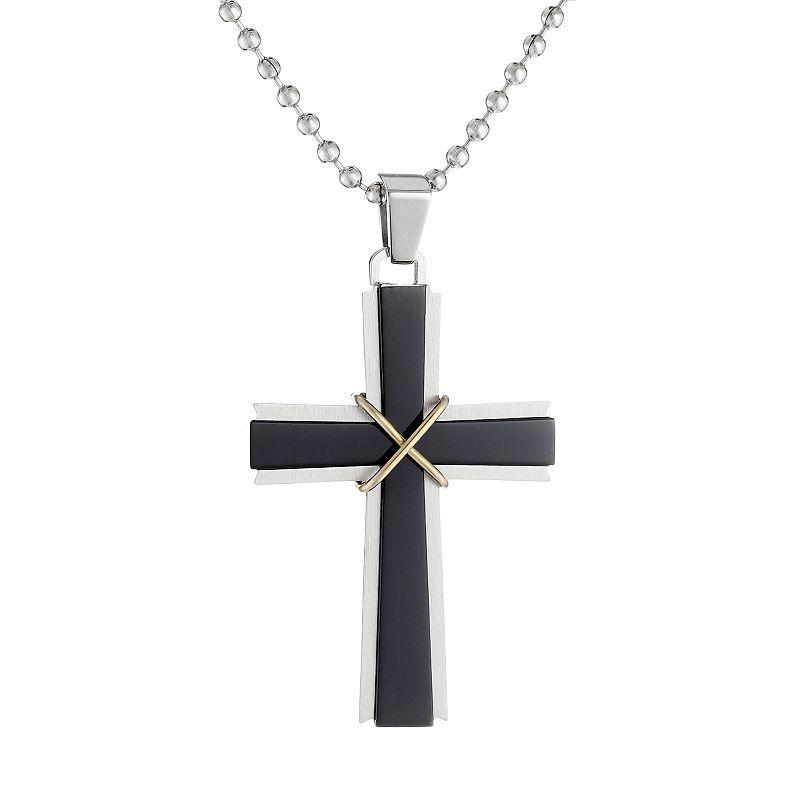 LYNX Tri-Tone Stainless Steel Cross Pendant Necklace - Men, Womens Product Image