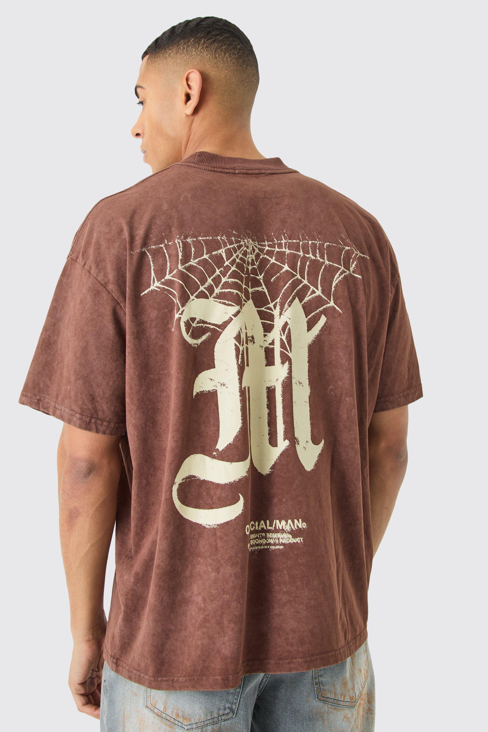 Mens Brown Oversized Acid Wash M Graphic T-shirt, Brown Product Image