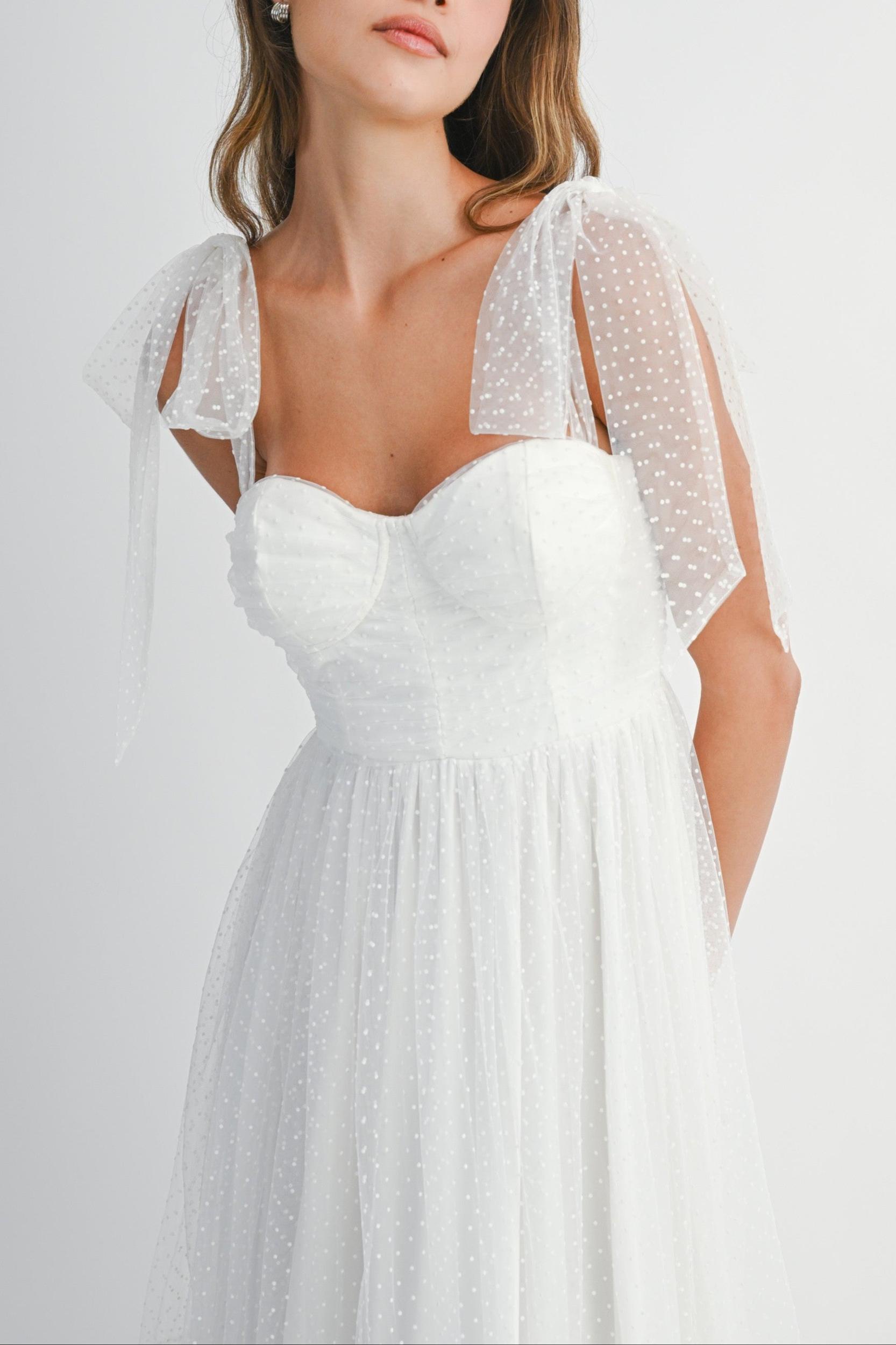 Polka Dot Mesh Tie Shoulder Midi Dress Product Image