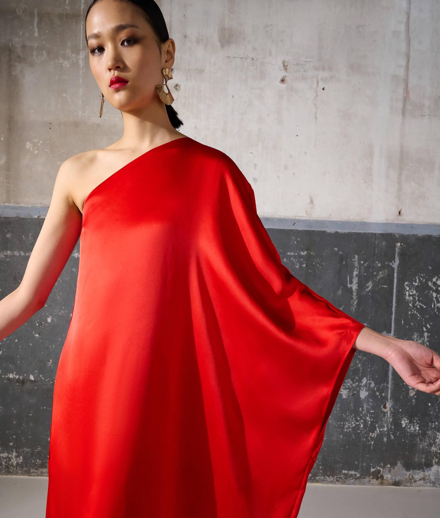 ONE-SHOULDER DRAPED SATIN DRESS Product Image