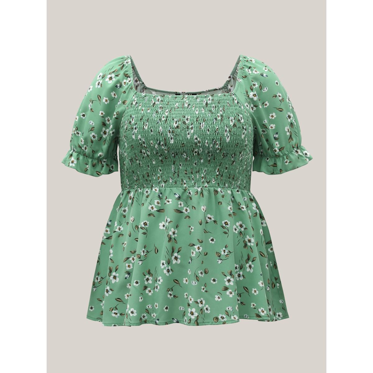 Plus Size Greenbean Floral Print Smocked Stretchy Waist Shirt Women Elegant Short sleeve Square Neck Everyday Blouses BloomChic 22-24/3X Product Image