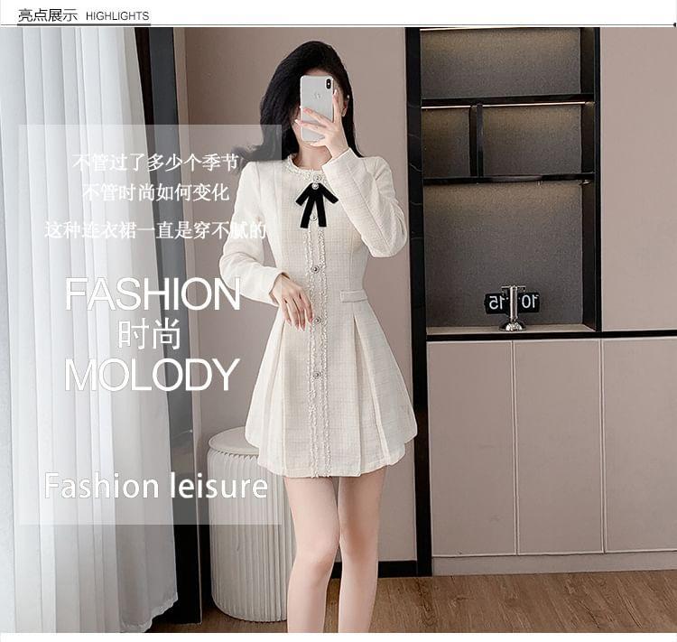 Long-Sleeve Crewneck Button-Up Mini A-Line Dress Product Image