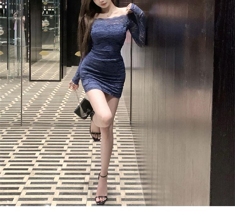 Long Sleeve Off Shoulder Plain Lace Mini Sheath Dress Product Image