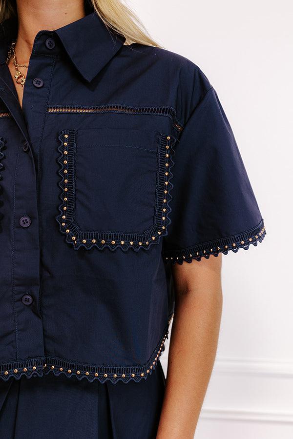Courtyard Brunch Embellished Crop Top in Navy Product Image