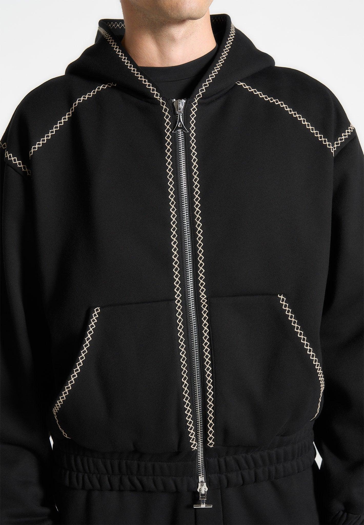 Ivan - Whipstitch Raglan Effect Zip Hoodie - Black Male Product Image