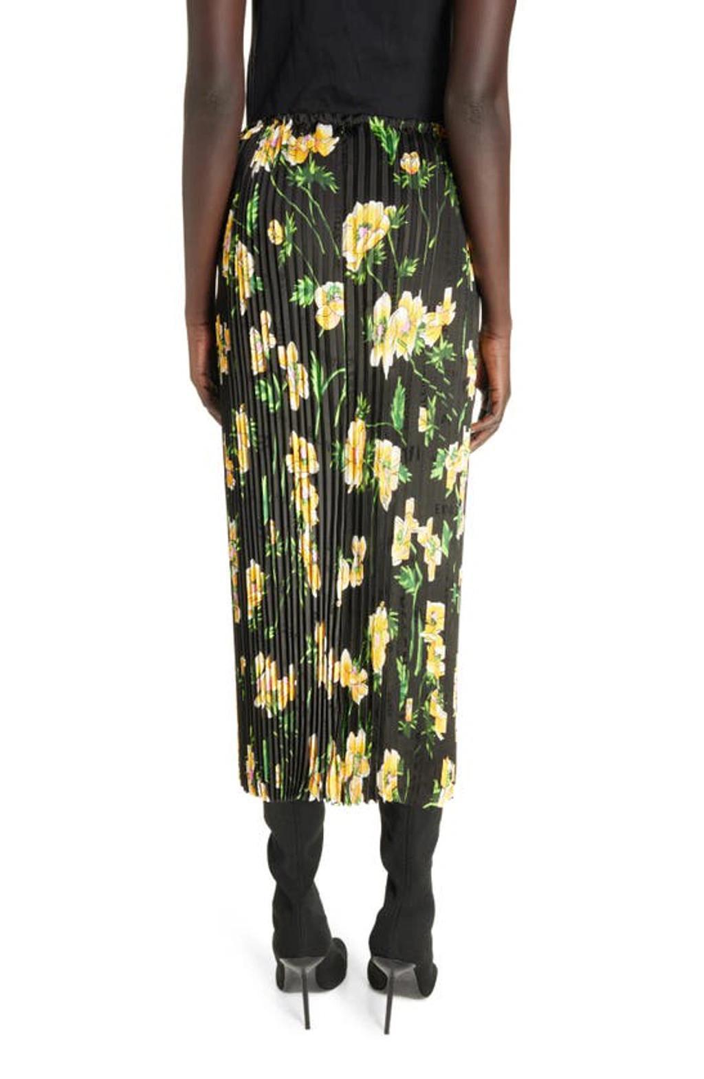 BALENCIAGA Pleated Floral Midi Skirt In Black Product Image