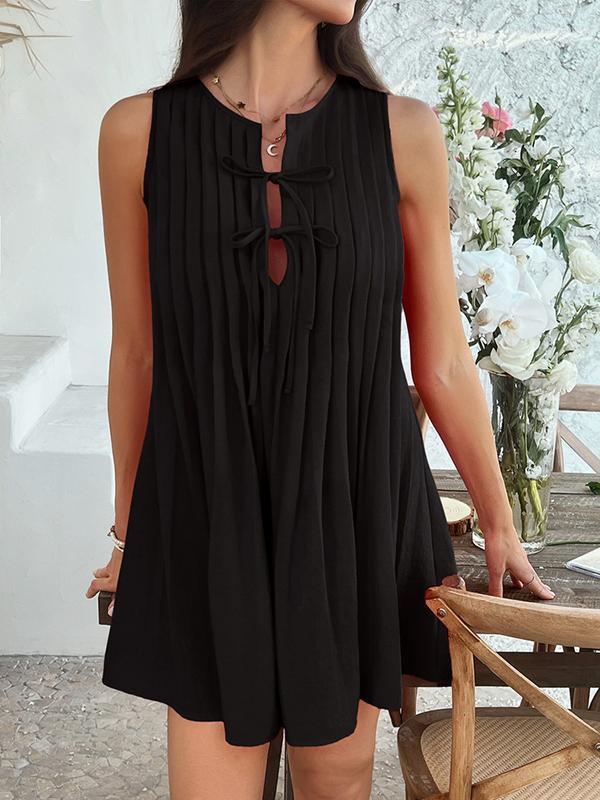 A-Line Loose Pleated Solid Color Tied Round-Neck Mini Dresses Vest Top Product Image