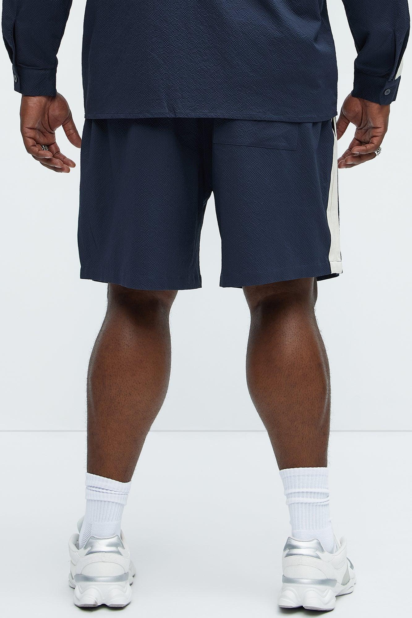 Crinkle Texture Taped Relaxed Shorts - Navy Product Image