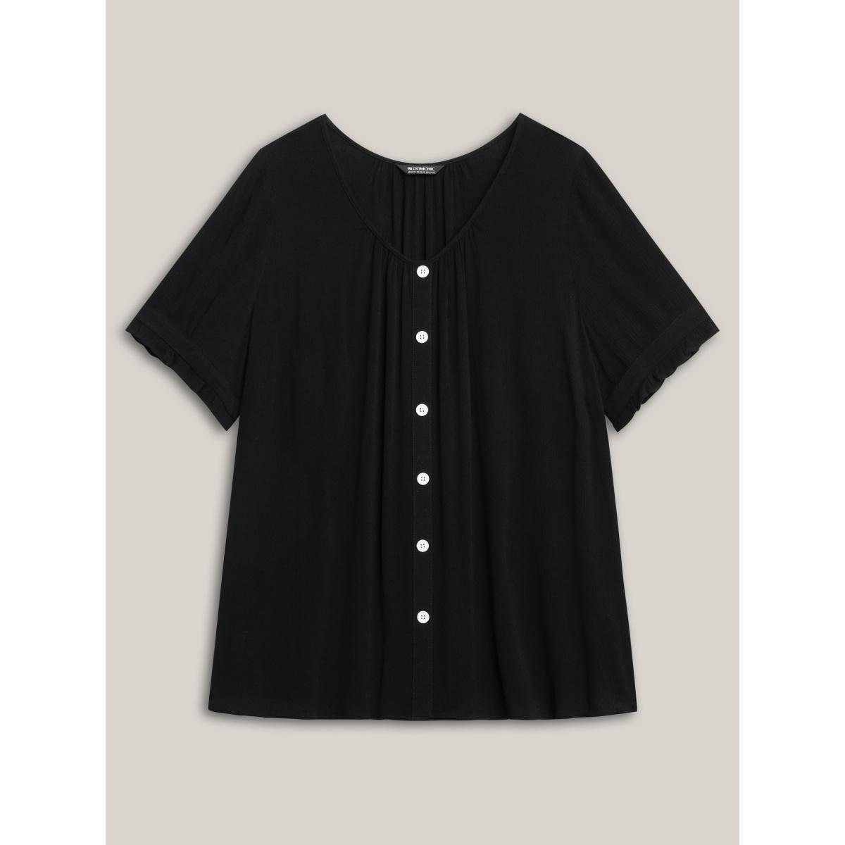 Plus Size Black Textured Button Detail Pleated Solid Top Women Short sleeve Round Neck Everyday-Elegant Blouses BloomChic 22-24/3X Product Image