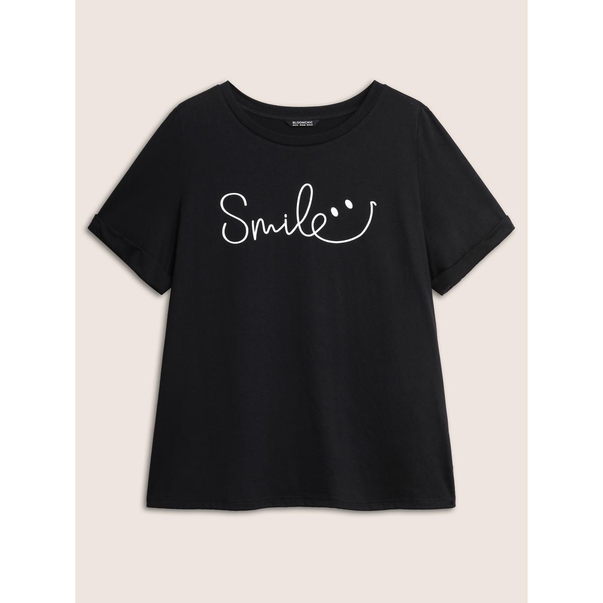 Plus Size Letter Print Round Neck T-shirt Black Women Casual Contrast Round Neck Everyday T-shirts BloomChic 10/M Product Image