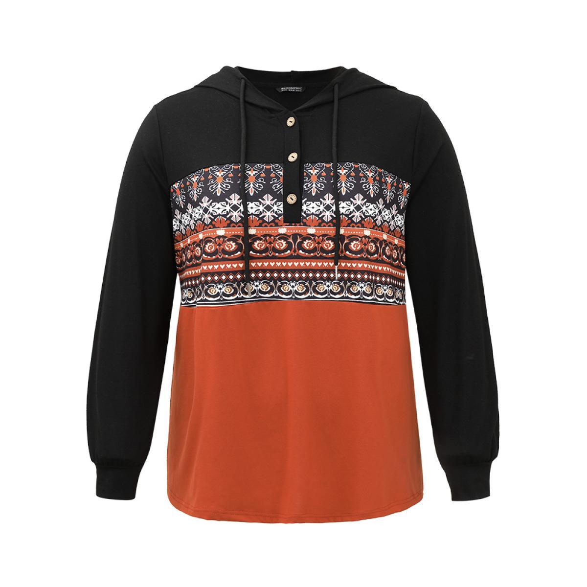 Plus Size Contrast Bandana Button Up Hooded T-shirt Multicolor Women Casual Contrast Bohemian Print Hooded Dailywear T-shirts BloomChic 10/M Product Image